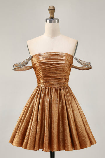 Metallic A-Line Off The Shoulder Beaded Ruched Golden Homecoming Dress